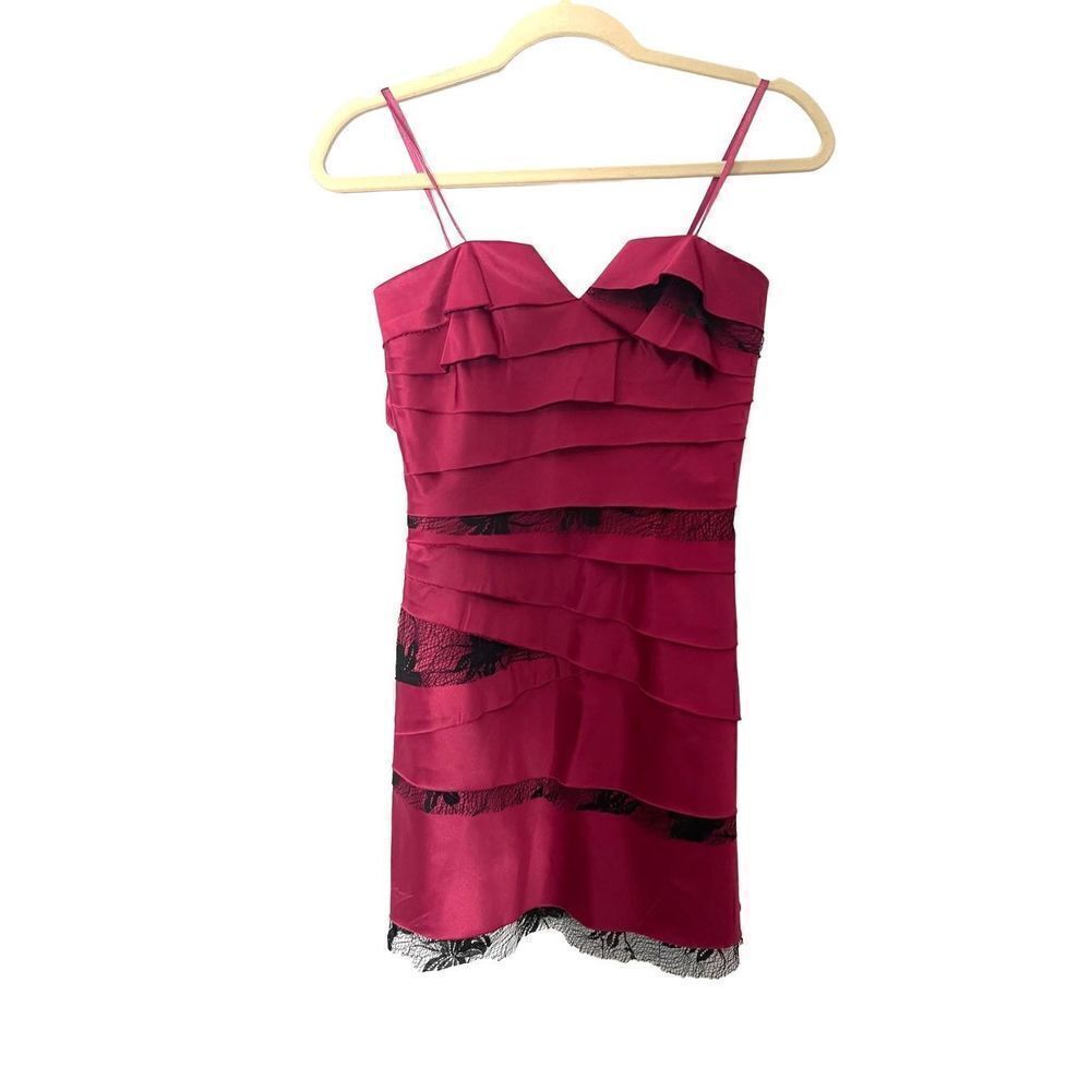Pink satin strapless ruffle dress with lace